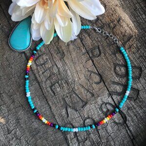 15" Turquoise Serape Seed Bead Choker Necklace Western Southwest BOHO Rodeo